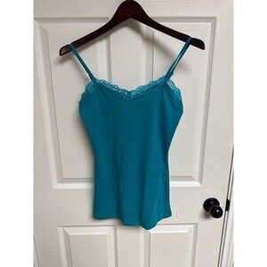 Small Dots Lace Trim Teal Adjustable Spaghetti Strap Slim Fit Tank Top